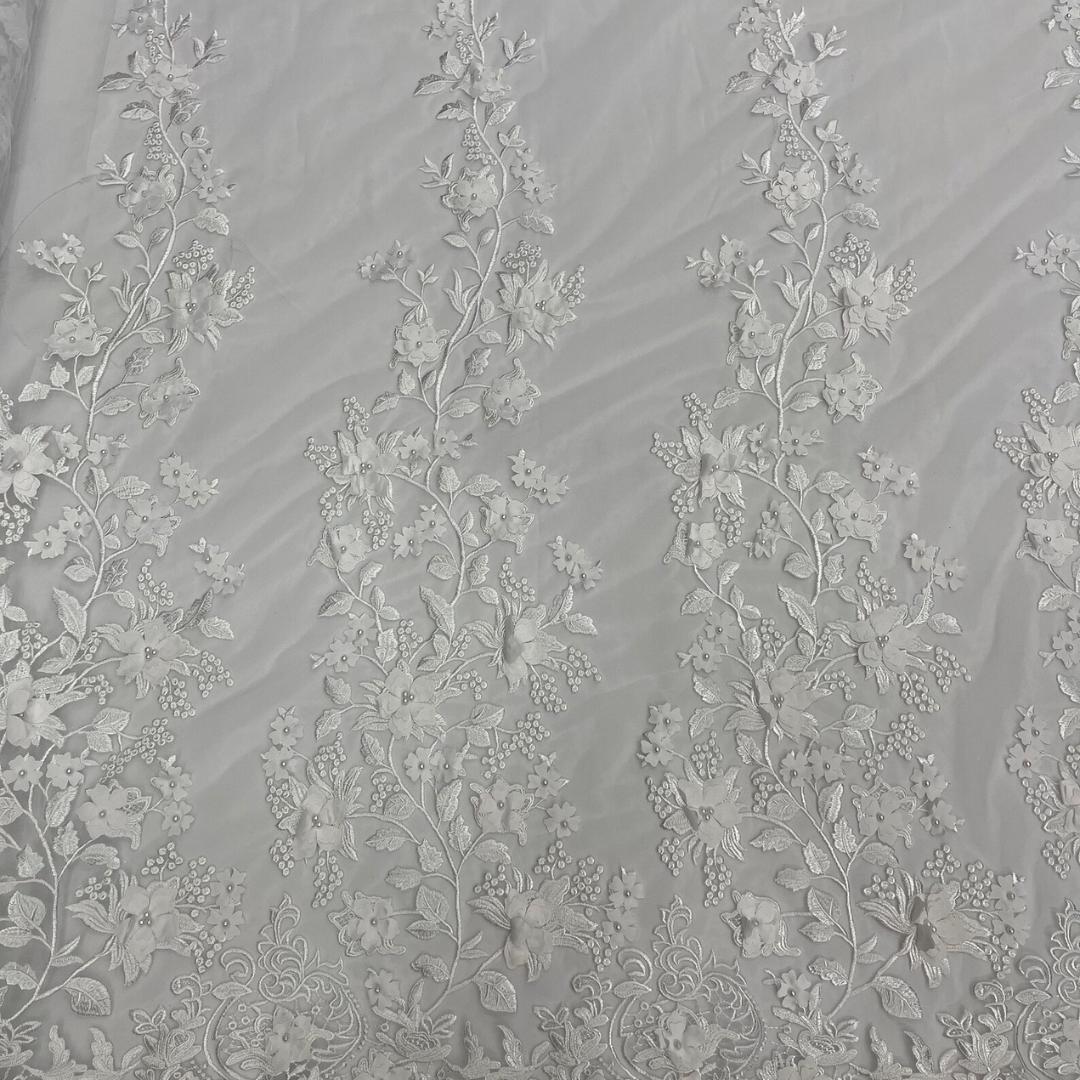 3D Floral Lace - WHITE  -  3D Floral Embroidered Mesh Lace with Pearls| Fabric For Quinsiañera Dresses - Prom Dress Sold By Yard