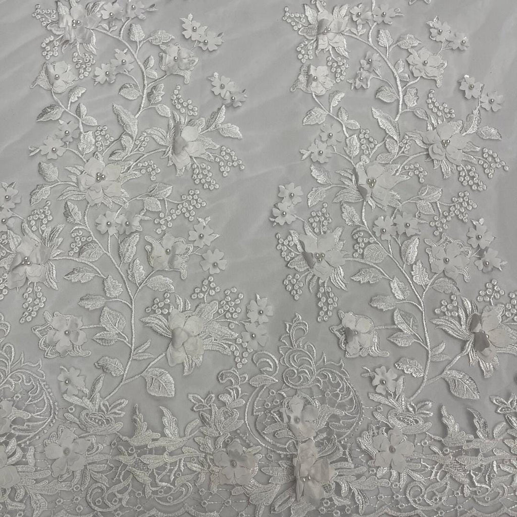 3D Floral Lace - WHITE  -  3D Floral Embroidered Mesh Lace with Pearls| Fabric For Quinsiañera Dresses - Prom Dress Sold By Yard