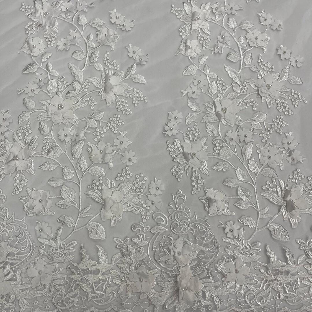 3D Floral Lace - WHITE  -  3D Floral Embroidered Mesh Lace with Pearls| Fabric For Quinsiañera Dresses - Prom Dress Sold By Yard