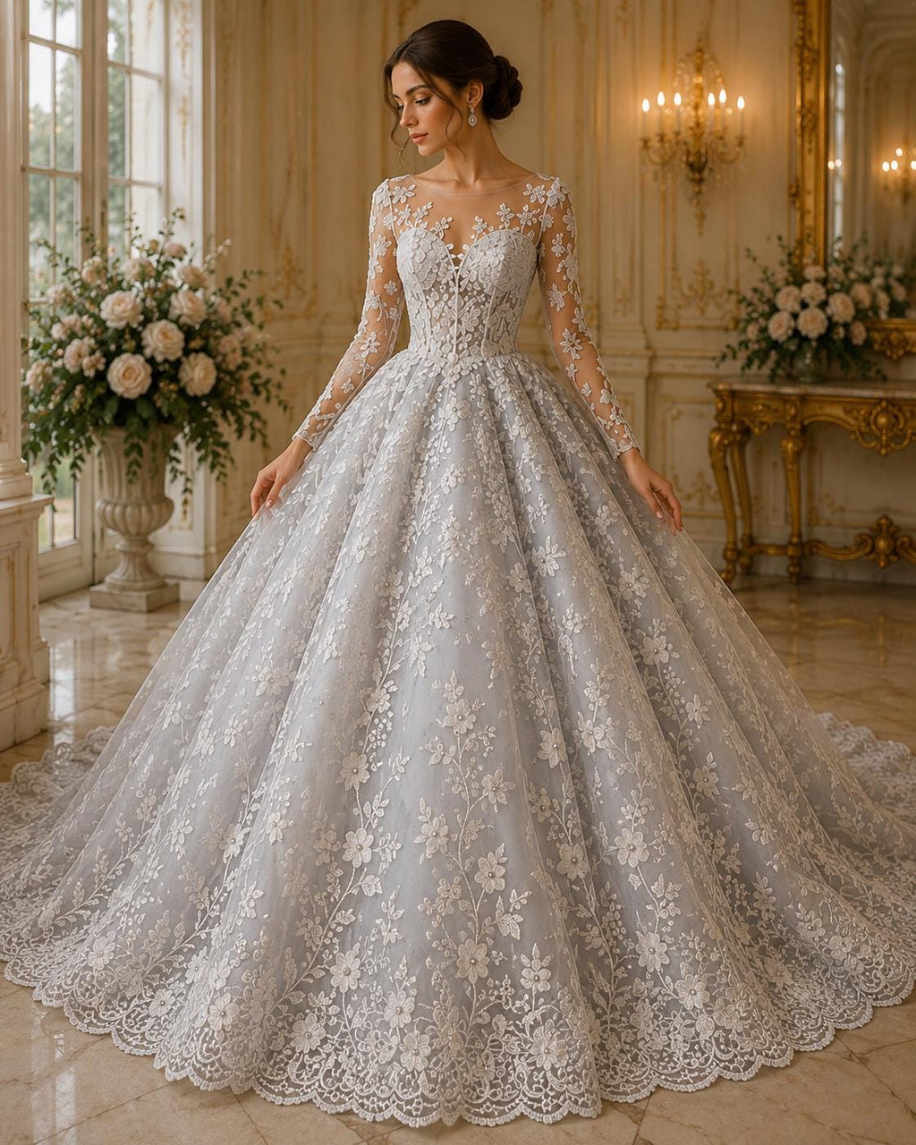 3D Floral Lace - WHITE  -  3D Floral Embroidered Mesh Lace with Pearls| Fabric For Quinsiañera Dresses - Prom Dress Sold By Yard