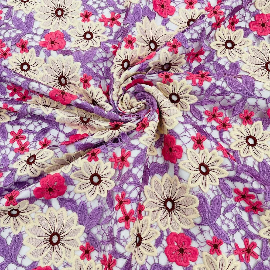 Multi Color Daisy Floral Design - LAVENDER/IVORY - Embroidery Guipure Lace Fabric. Fabric For Quinsiañera Dresses -Sold By Yard