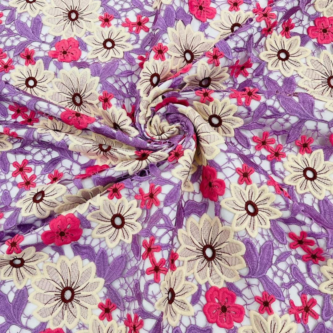 Multi Color Daisy Floral Design - LAVENDER/IVORY - Embroidery Guipure Lace Fabric. Fabric For Quinsiañera Dresses -Sold By Yard