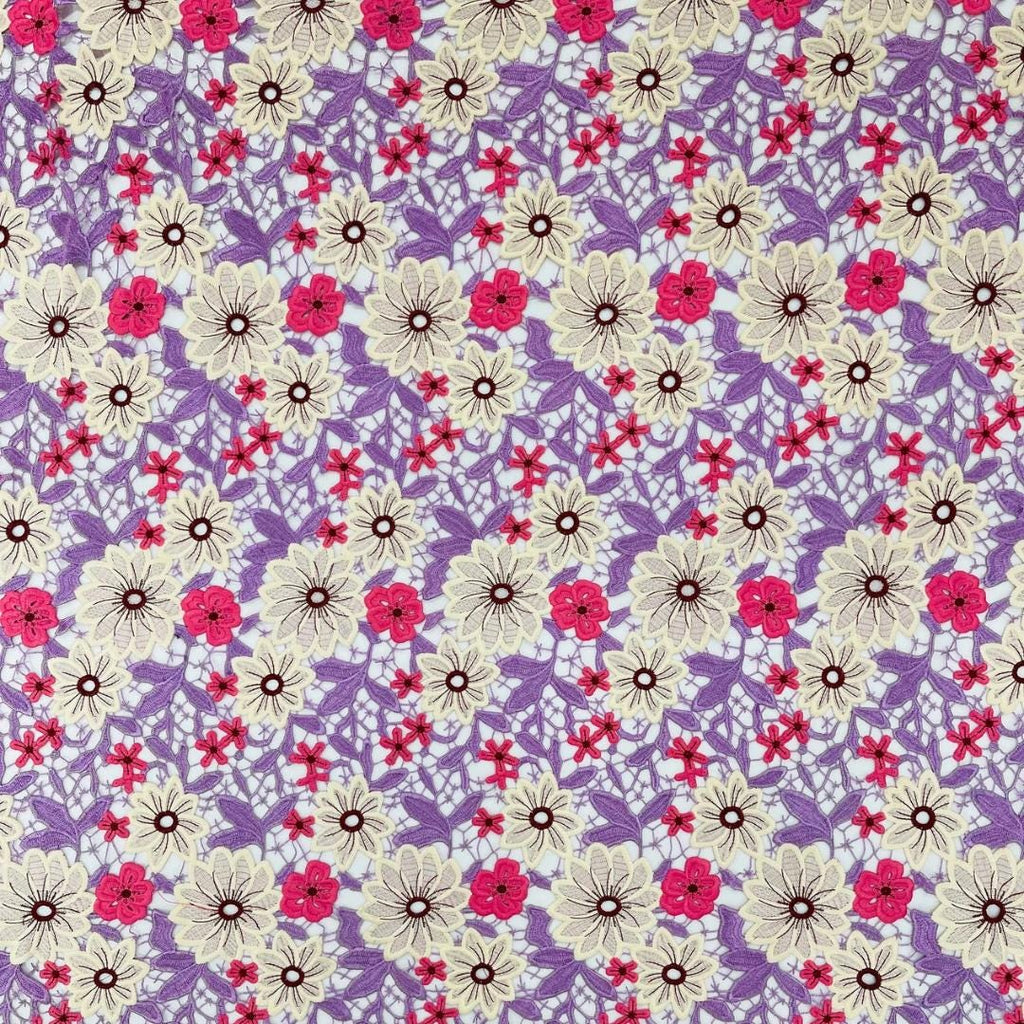Multi Color Daisy Floral Design - LAVENDER/IVORY - Embroidery Guipure Lace Fabric. Fabric For Quinsiañera Dresses -Sold By Yard