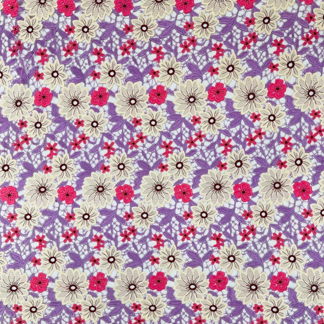 Multi Color Daisy Floral Design - LAVENDER/IVORY - Embroidery Guipure Lace Fabric. Fabric For Quinsiañera Dresses -Sold By Yard