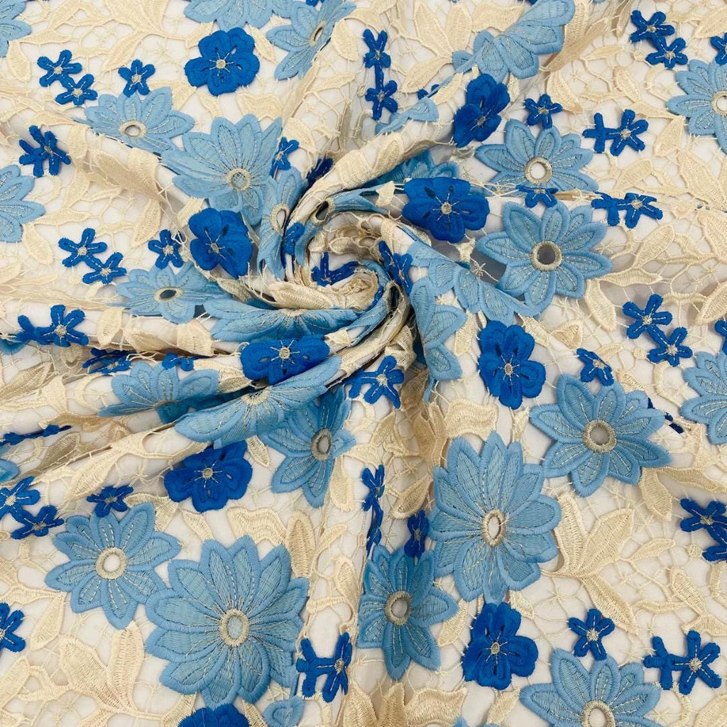 Multi Color Daisy Floral Design - LT BLUE/IVORY - Embroidery Guipure Lace Fabric. Fabric For Quinsiañera Dresses -Sold By Yard