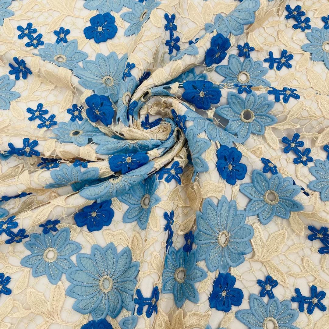 Multi Color Daisy Floral Design - LT BLUE/IVORY - Embroidery Guipure Lace Fabric. Fabric For Quinsiañera Dresses -Sold By Yard