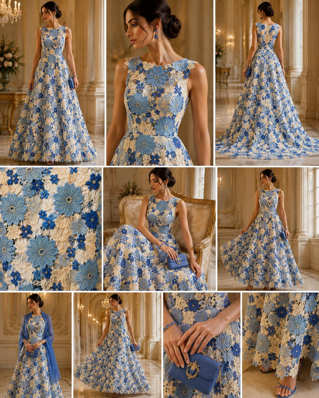 Multi Color Daisy Floral Design - LT BLUE/IVORY - Embroidery Guipure Lace Fabric. Fabric For Quinsiañera Dresses -Sold By Yard