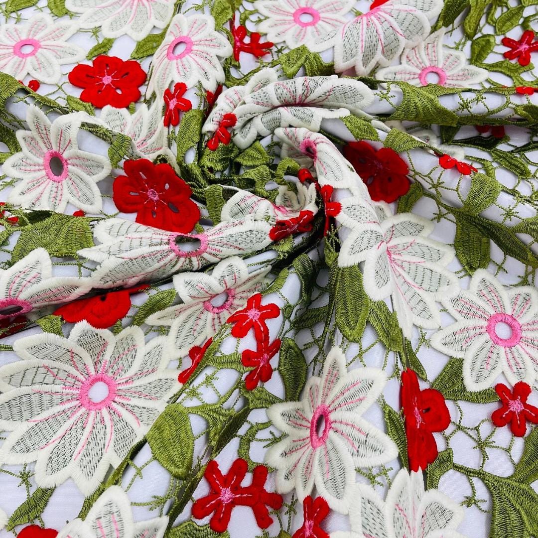 Multi Color Daisy Floral Design - OLIVE/IVORY - Embroidery Guipure Lace Fabric. Fabric For Quinsiañera Dresses -Sold By Yard