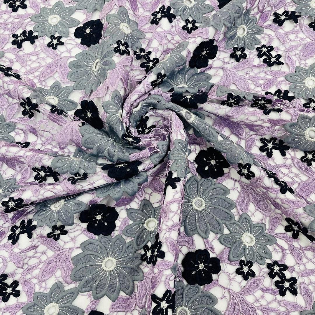 Multi Color Daisy Floral Design - LAVENDER/GRAY - Embroidery Guipure Lace Fabric. Fabric For Quinsiañera Dresses -Sold By Yard