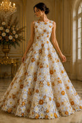 Multi Color Daisy Floral Design - RUST/IVORY - Embroidery Guipure Lace Fabric. Fabric For Quinsiañera Dresses -Sold By Yard