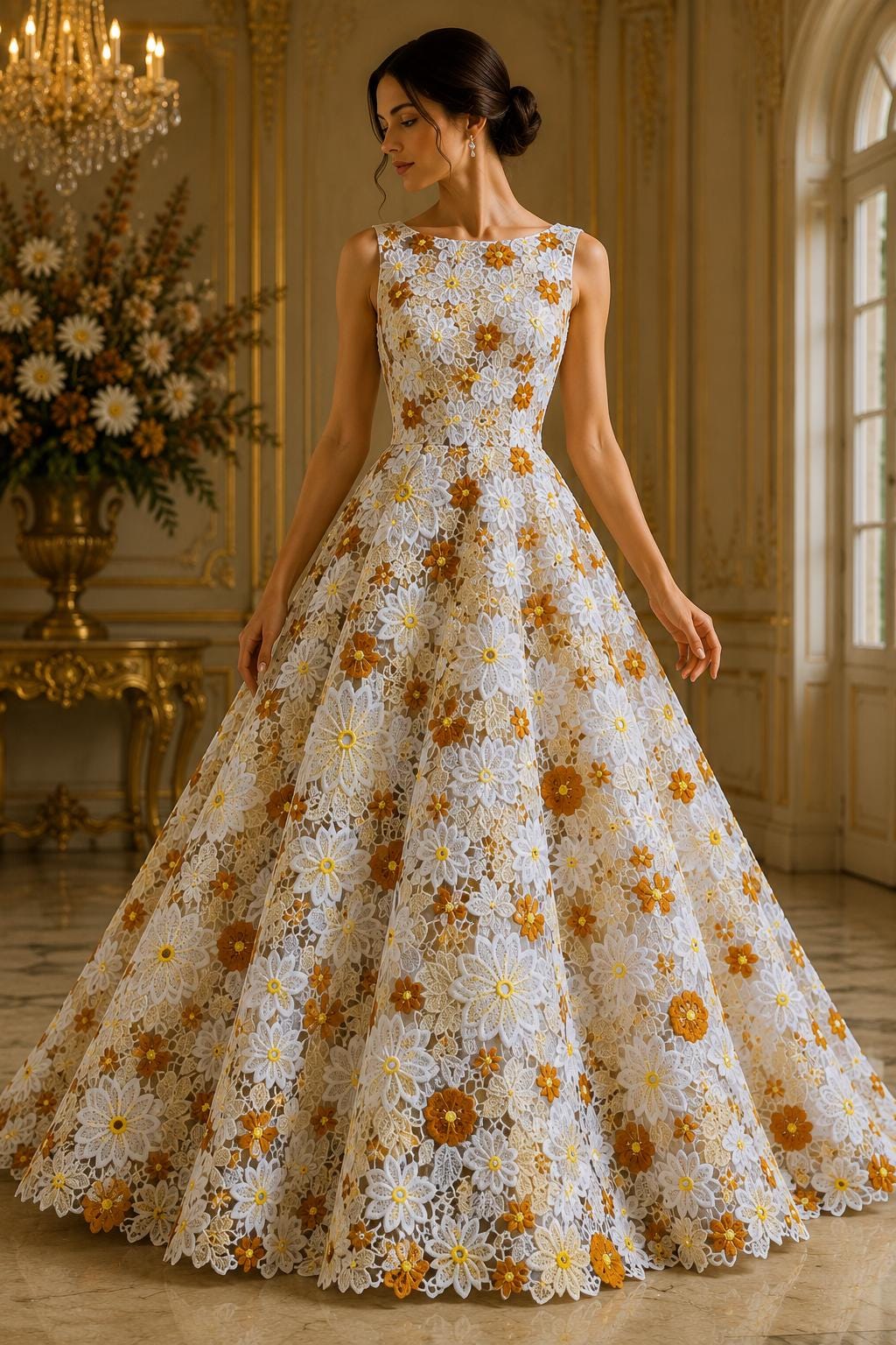 Multi Color Daisy Floral Design - RUST/IVORY - Embroidery Guipure Lace Fabric. Fabric For Quinsiañera Dresses -Sold By Yard