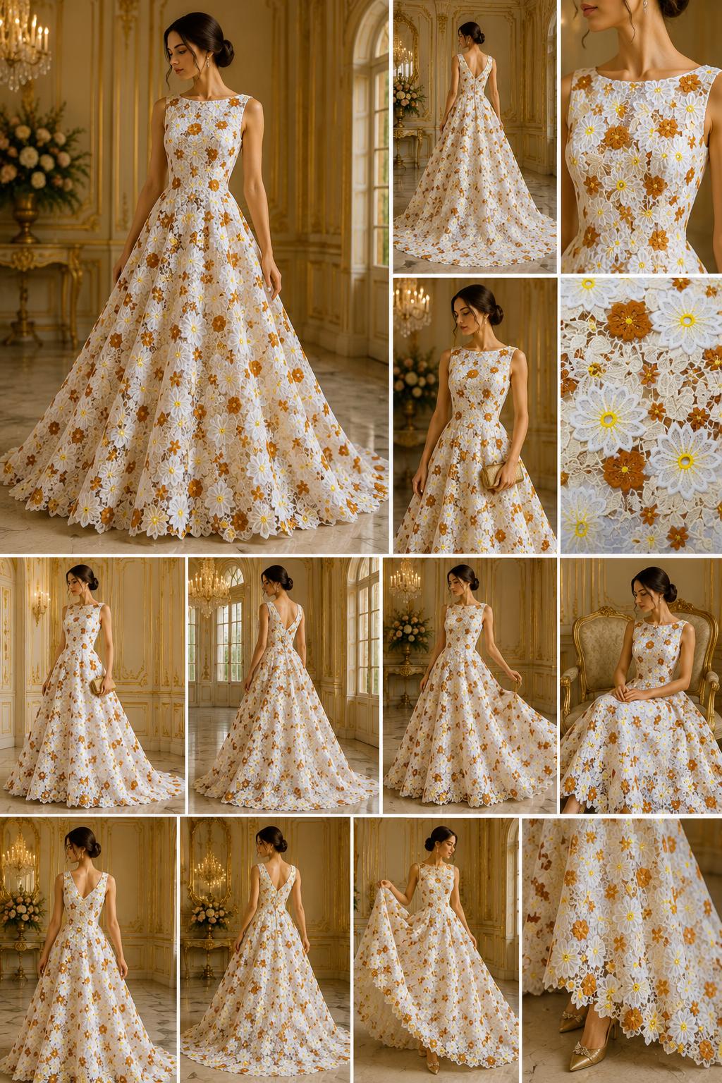 Multi Color Daisy Floral Design - RUST/IVORY - Embroidery Guipure Lace Fabric. Fabric For Quinsiañera Dresses -Sold By Yard