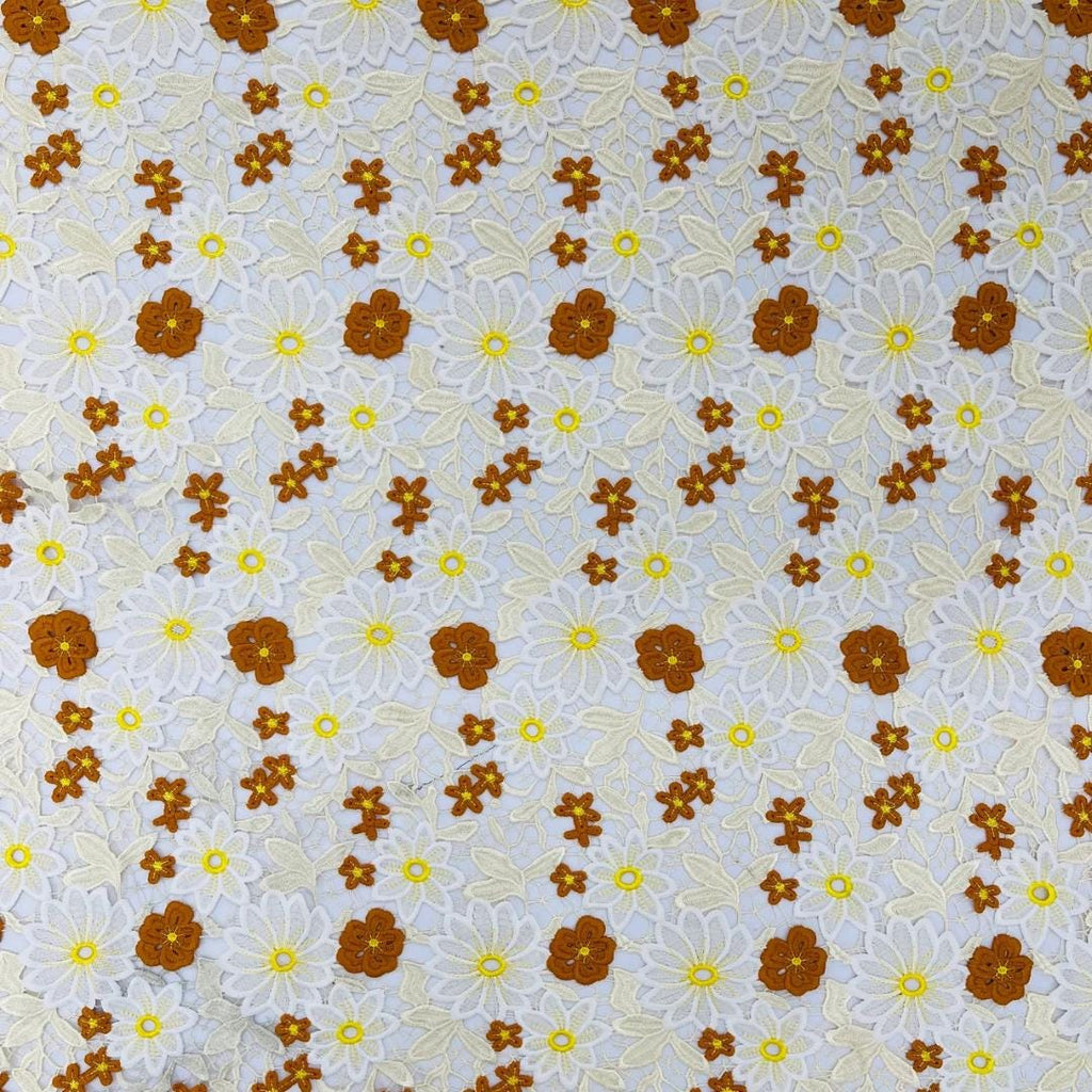 Multi Color Daisy Floral Design - RUST/IVORY - Embroidery Guipure Lace Fabric. Fabric For Quinsiañera Dresses -Sold By Yard