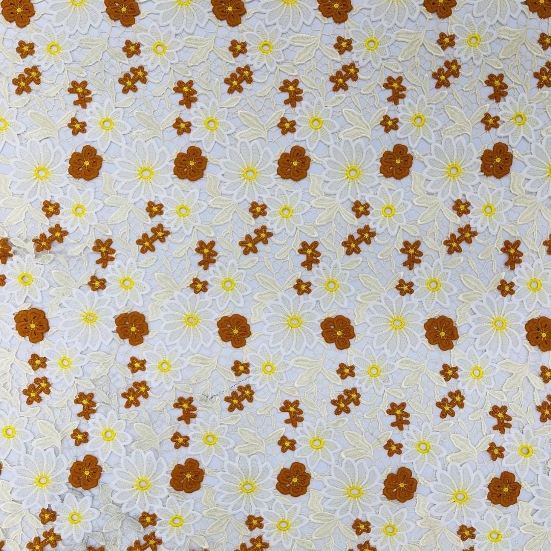 Multi Color Daisy Floral Design - RUST/IVORY - Embroidery Guipure Lace Fabric. Fabric For Quinsiañera Dresses -Sold By Yard