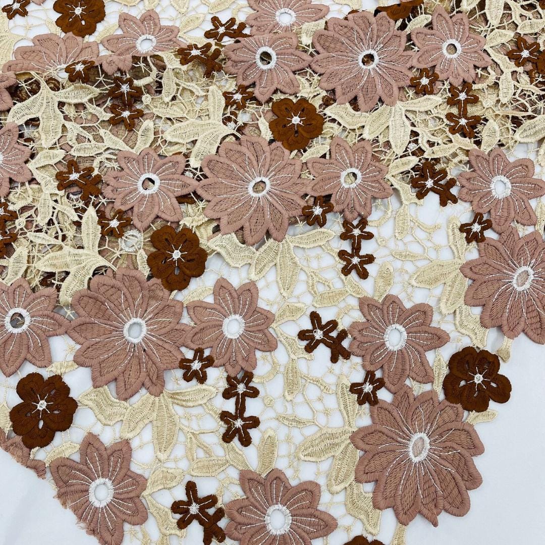 Multi Color Daisy Floral Design - BROWN/IVORY - Embroidery Guipure Lace Fabric. Fabric For Quinsiañera Dresses -Sold By Yard