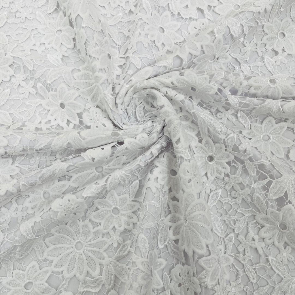 Daisy Floral Design - WHITE - Embroidery Guipure Lace Fabric. Fabric For Quinsiañera Dresses -Sold By Yard