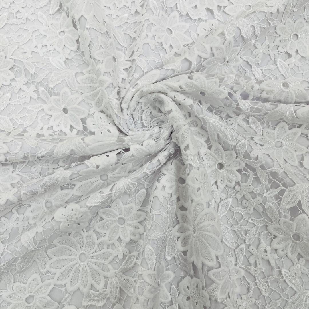 Daisy Floral Design - WHITE - Embroidery Guipure Lace Fabric. Fabric For Quinsiañera Dresses -Sold By Yard