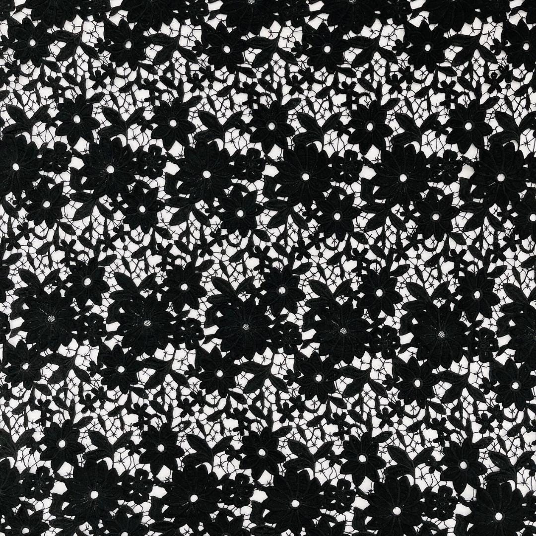 Daisy Floral Design - BLACK - Embroidery Guipure Lace Fabric. Fabric For Quinsiañera Dresses -Sold By Yard
