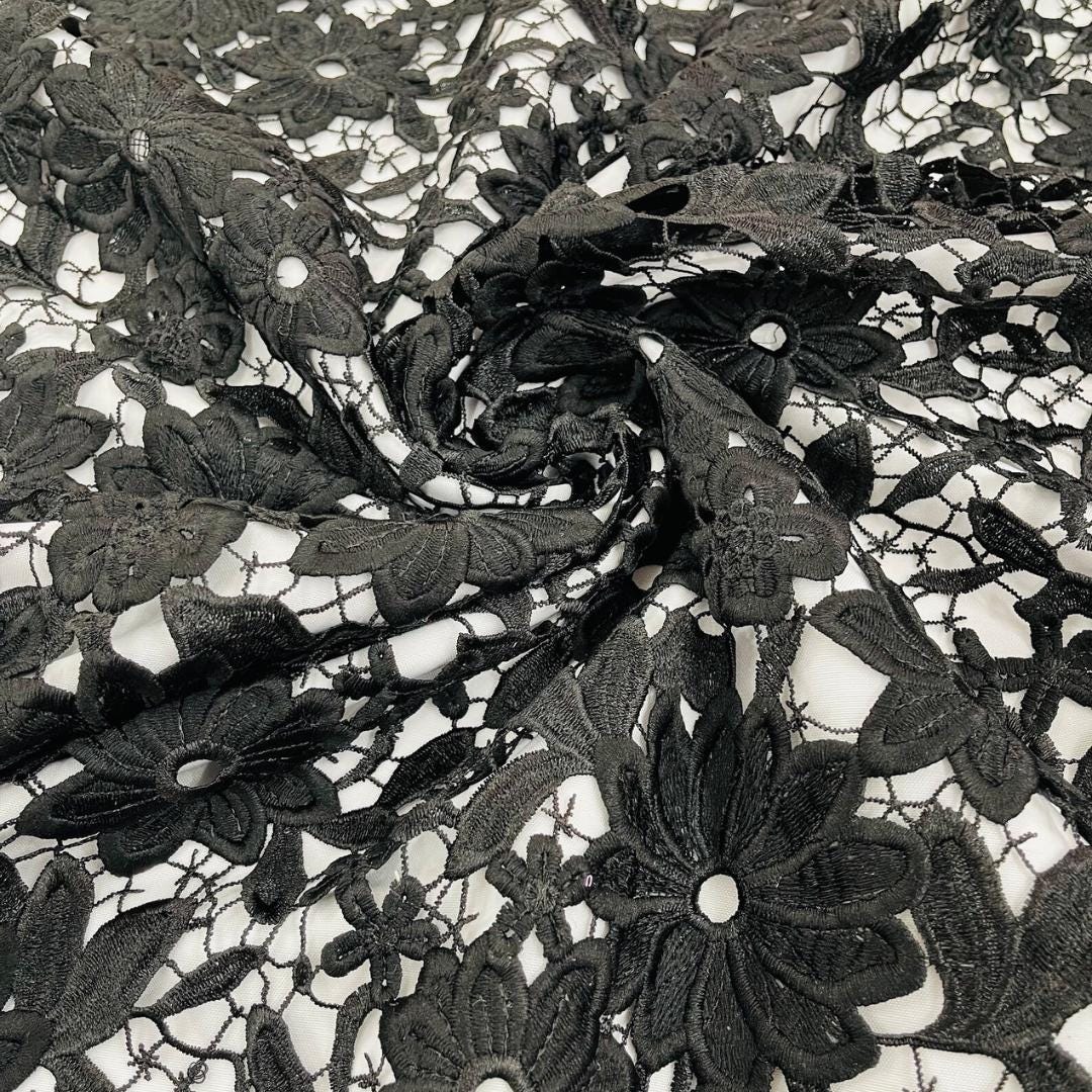 Daisy Floral Design - BLACK - Embroidery Guipure Lace Fabric. Fabric For Quinsiañera Dresses -Sold By Yard