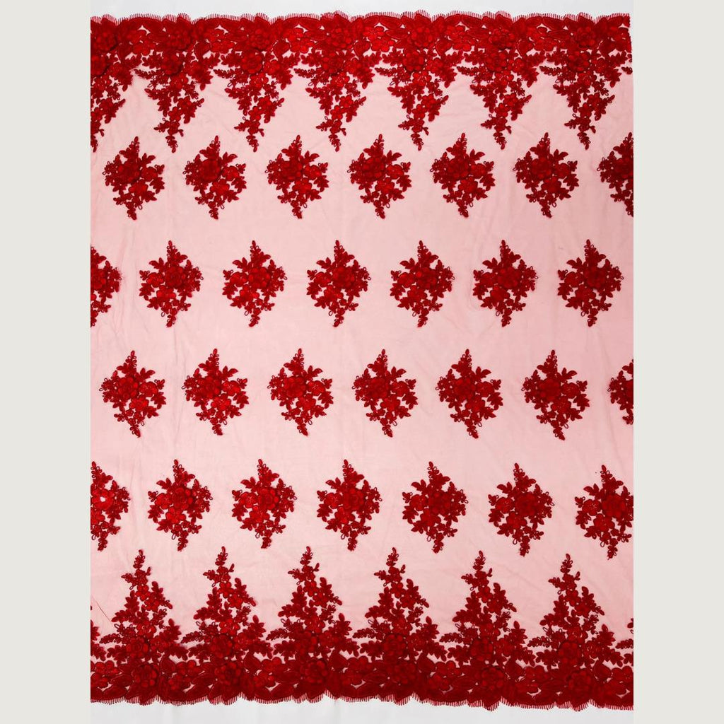 3D Floral Lace Fabric - RED -  3D Floral Corded Mesh Fabric Lace - Fabric For Quinsiañera Dresses - Prom Dress Sold By Yard