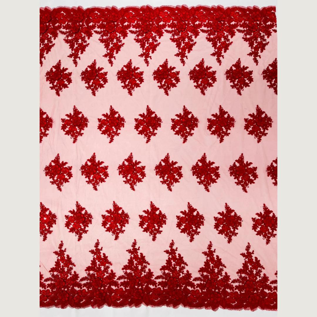 3D Floral Lace Fabric - RED -  3D Floral Corded Mesh Fabric Lace - Fabric For Quinsiañera Dresses - Prom Dress Sold By Yard