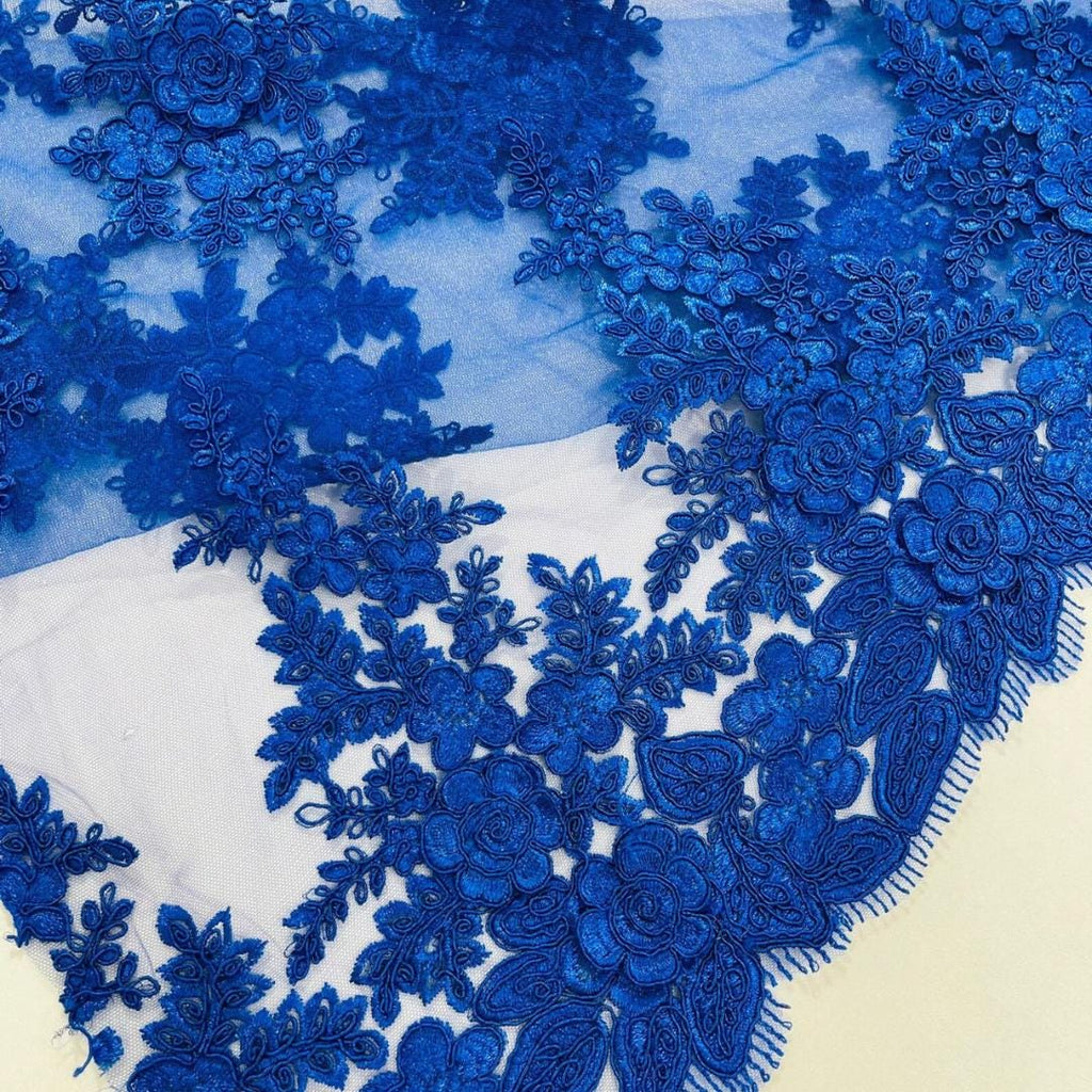 3D Floral Lace Fabric - ROYAL -  3D Floral Corded Mesh Fabric Lace - Fabric For Quinsiañera Dresses - Prom Dress Sold By Yard