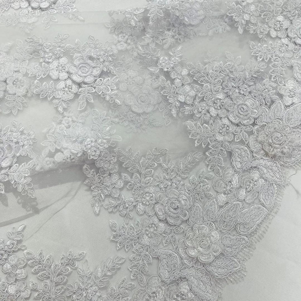 3D Floral Lace Fabric - WHITE -  3D Floral Corded Mesh Fabric Lace - Fabric For Quinsiañera Dresses - Prom Dress Sold By Yard
