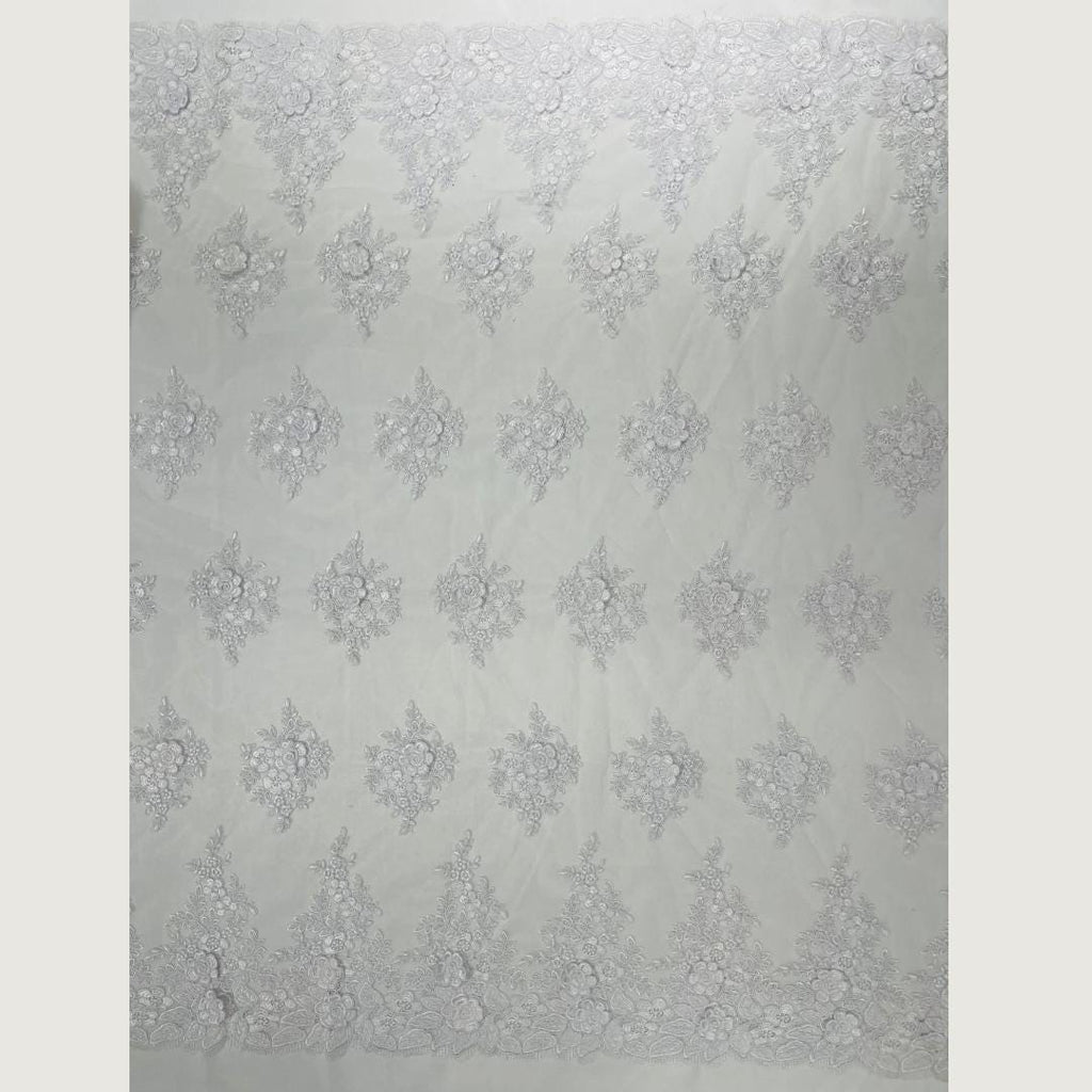 3D Floral Lace Fabric - WHITE -  3D Floral Corded Mesh Fabric Lace - Fabric For Quinsiañera Dresses - Prom Dress Sold By Yard