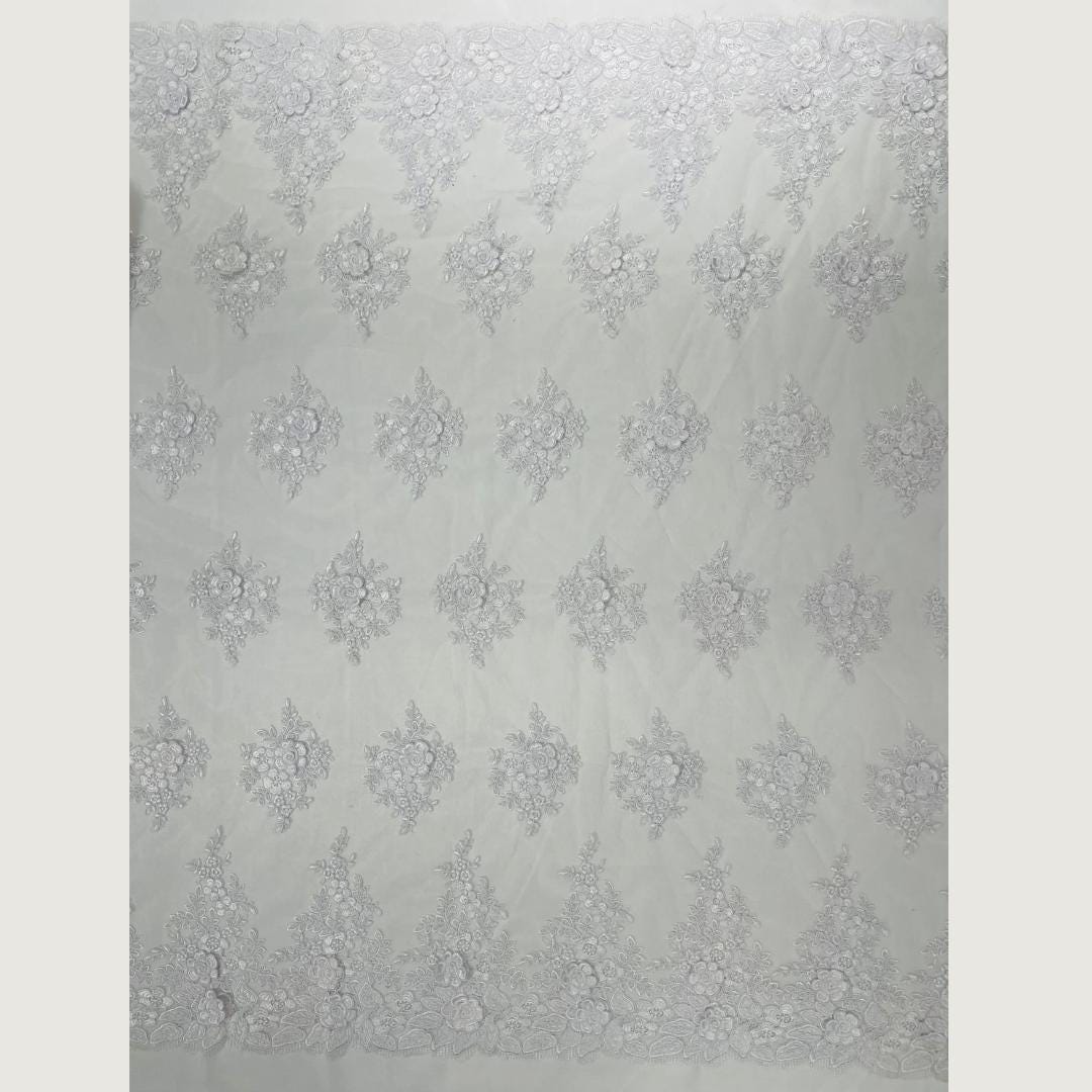 3D Floral Lace Fabric - WHITE -  3D Floral Corded Mesh Fabric Lace - Fabric For Quinsiañera Dresses - Prom Dress Sold By Yard
