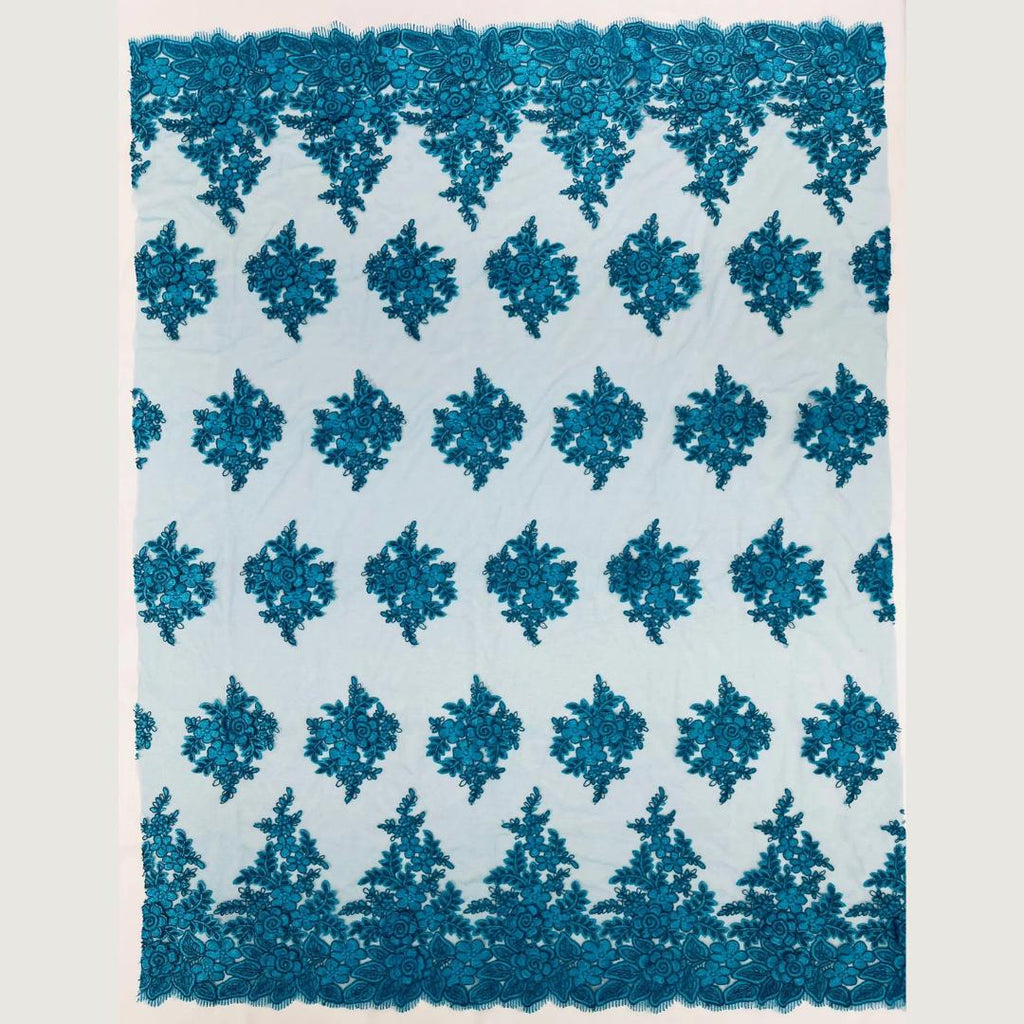 3D Floral Lace Fabric - TURQUOISE -  3D Floral Corded Mesh Fabric Lace - Fabric For Quinsiañera Dresses - Prom Dress Sold By Yard