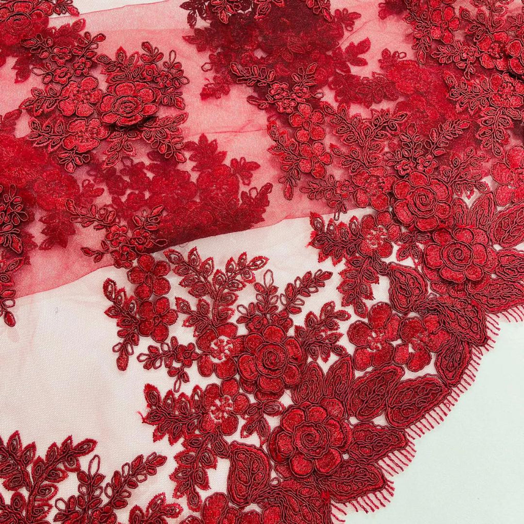 3D Floral Lace Fabric - BURGUNDY -  3D Floral Corded Mesh Fabric Lace - Fabric For Quinsiañera Dresses - Prom Dress Sold By Yard