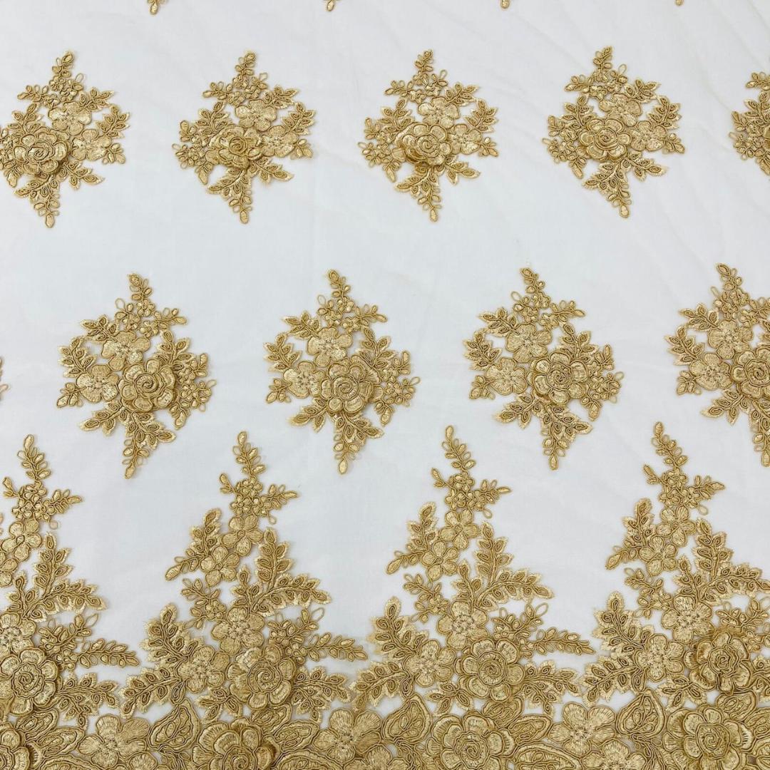 3D Floral Lace Fabric - GOLD -  3D Floral Corded Mesh Fabric Lace - Fabric For Quinsiañera Dresses - Prom Dress Sold By Yard