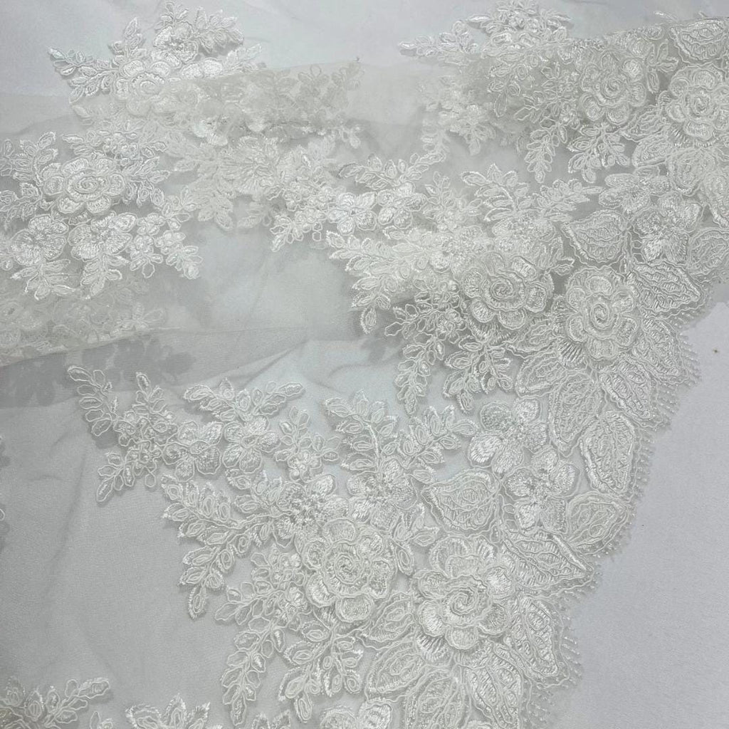 3D Floral Lace Fabric - IVORY -  3D Floral Corded Mesh Fabric Lace - Fabric For Quinsiañera Dresses - Prom Dress Sold By Yard
