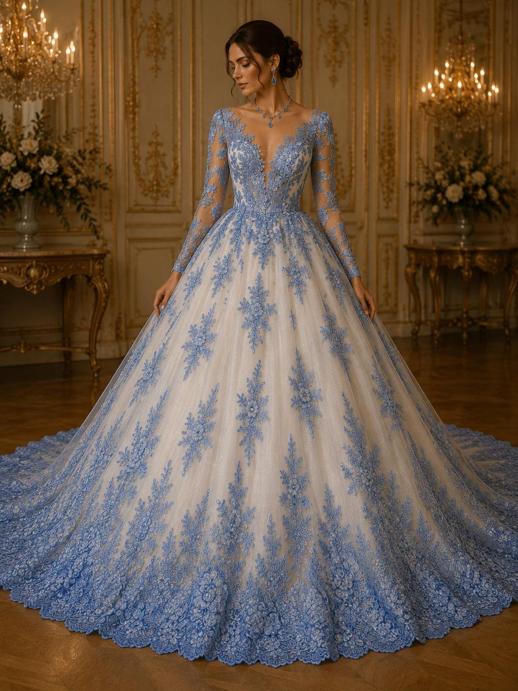 3D Floral Lace Fabric - LT BLUE -  3D Floral Corded Mesh Fabric Lace - Fabric For Quinsiañera Dresses - Prom Dress Sold By Yard