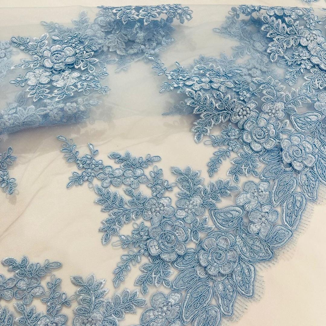 3D Floral Lace Fabric - LT BLUE -  3D Floral Corded Mesh Fabric Lace - Fabric For Quinsiañera Dresses - Prom Dress Sold By Yard