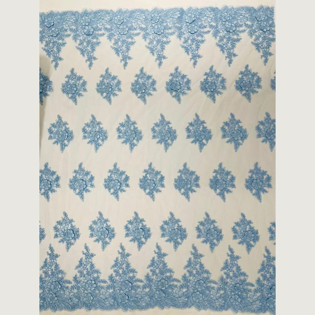3D Floral Lace Fabric - LT BLUE -  3D Floral Corded Mesh Fabric Lace - Fabric For Quinsiañera Dresses - Prom Dress Sold By Yard