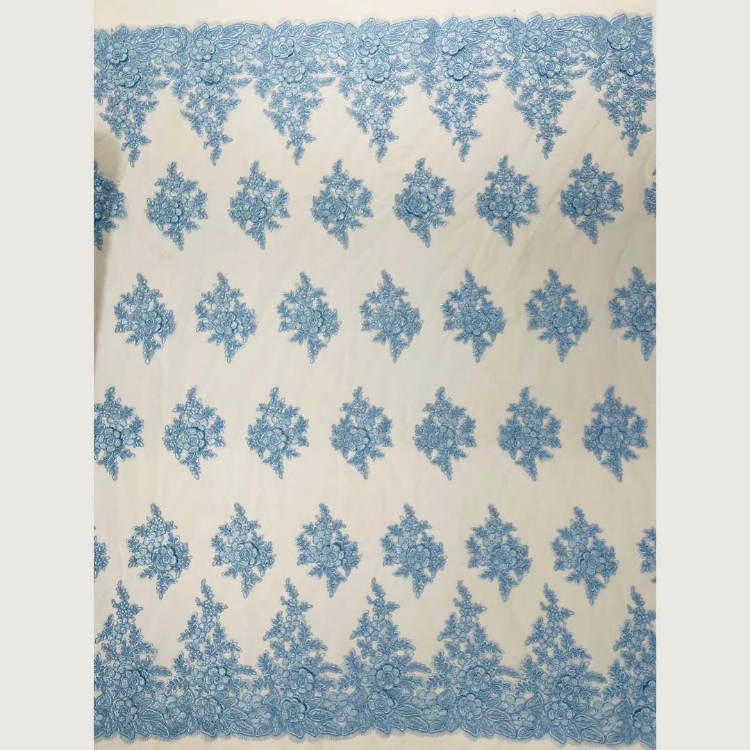 3D Floral Lace Fabric - LT BLUE -  3D Floral Corded Mesh Fabric Lace - Fabric For Quinsiañera Dresses - Prom Dress Sold By Yard