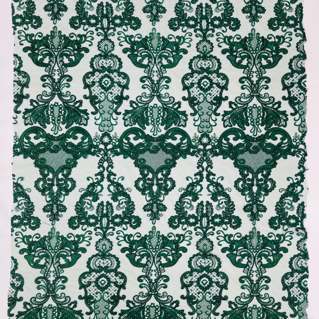 Embroidery Damask Design - HUNTER - With Sequins On A Mesh Lace Fabric - Fabric For Quinsiañera Dresses - Prom Dress Sold By Yard