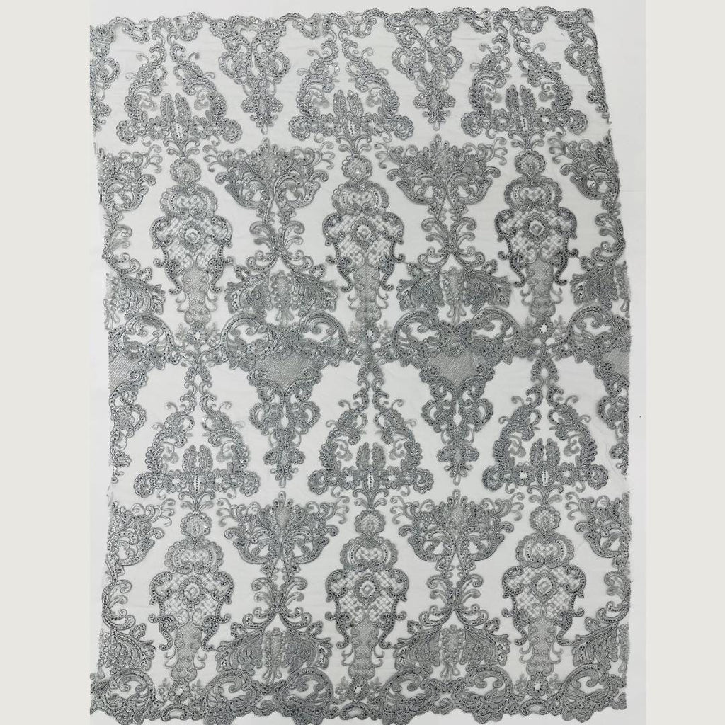 Embroidery Damask Design - SILVER - With Sequins On A Mesh Lace Fabric - Fabric For Quinsiañera Dresses - Prom Dress Sold By Yard