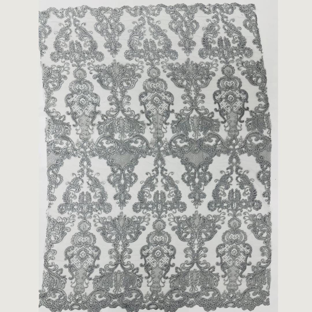Embroidery Damask Design - SILVER - With Sequins On A Mesh Lace Fabric - Fabric For Quinsiañera Dresses - Prom Dress Sold By Yard