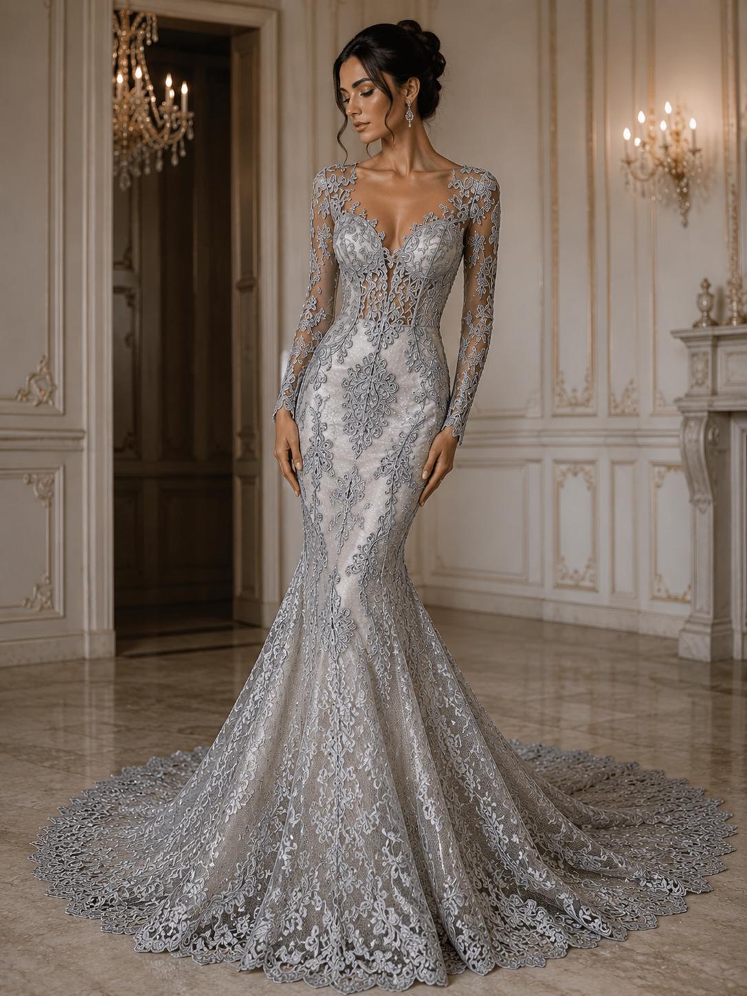 Embroidery Damask Design - SILVER - With Sequins On A Mesh Lace Fabric - Fabric For Quinsiañera Dresses - Prom Dress Sold By Yard
