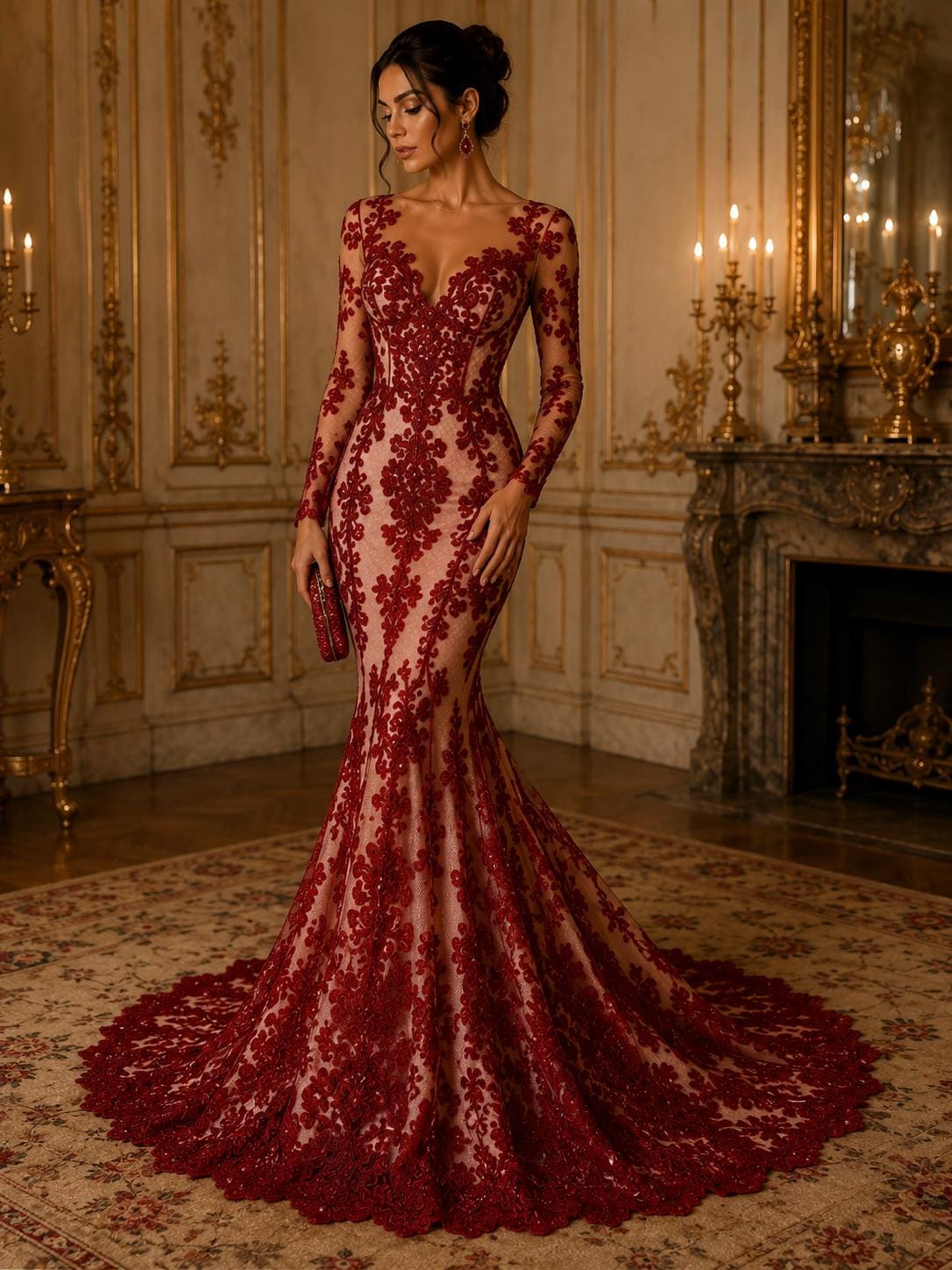 Embroidery Damask Design - BURGUNDY - With Sequins On A Mesh Lace Fabric - Fabric For Quinsiañera Dresses - Prom Dress Sold By Yard