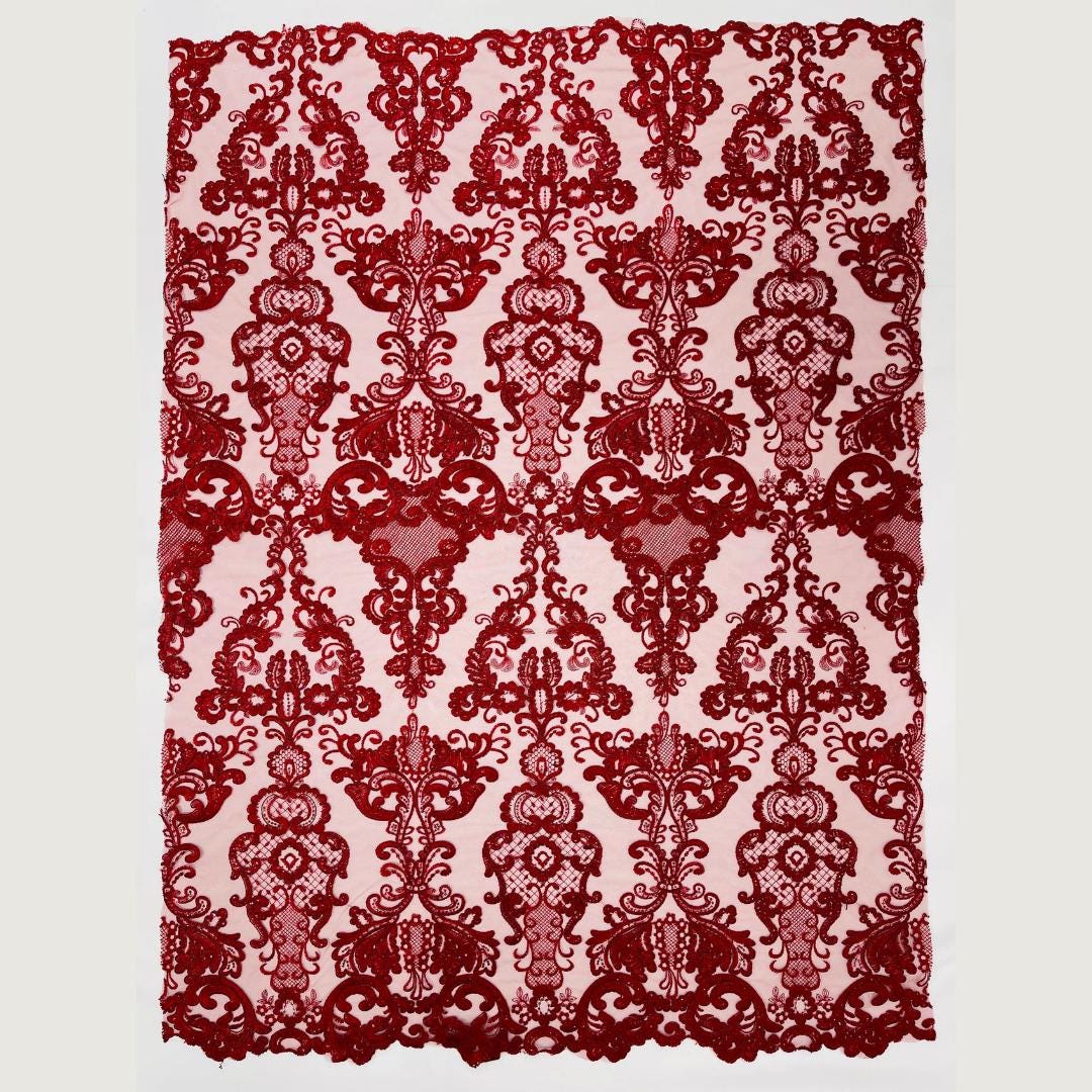 Embroidery Damask Design - BURGUNDY - With Sequins On A Mesh Lace Fabric - Fabric For Quinsiañera Dresses - Prom Dress Sold By Yard