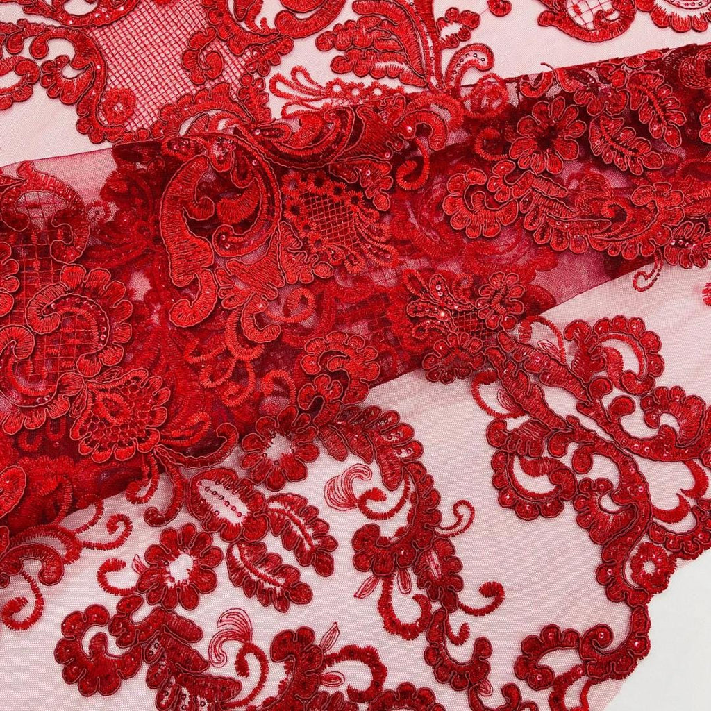 Embroidery Damask Design - BURGUNDY - With Sequins On A Mesh Lace Fabric - Fabric For Quinsiañera Dresses - Prom Dress Sold By Yard