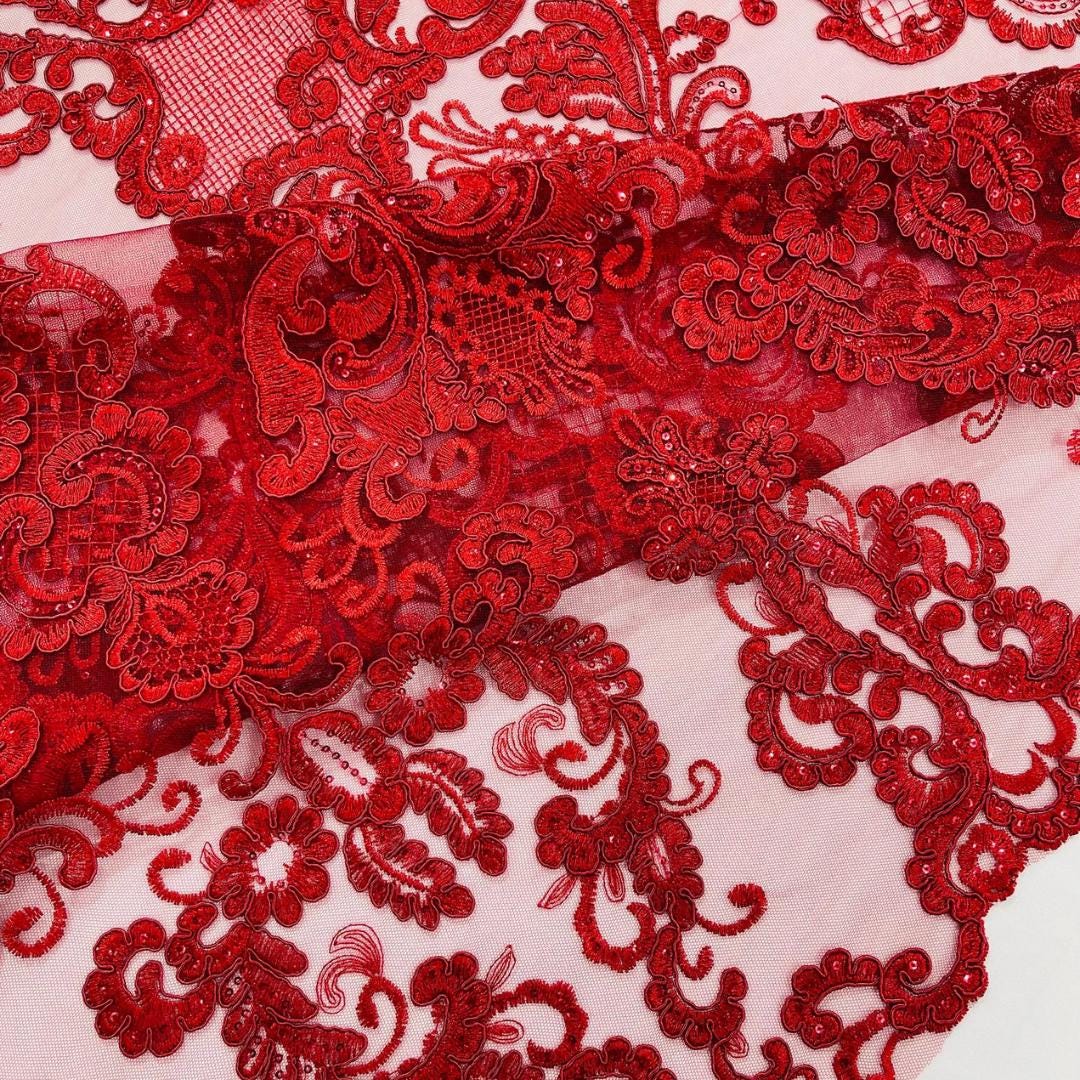Embroidery Damask Design - BURGUNDY - With Sequins On A Mesh Lace Fabric - Fabric For Quinsiañera Dresses - Prom Dress Sold By Yard