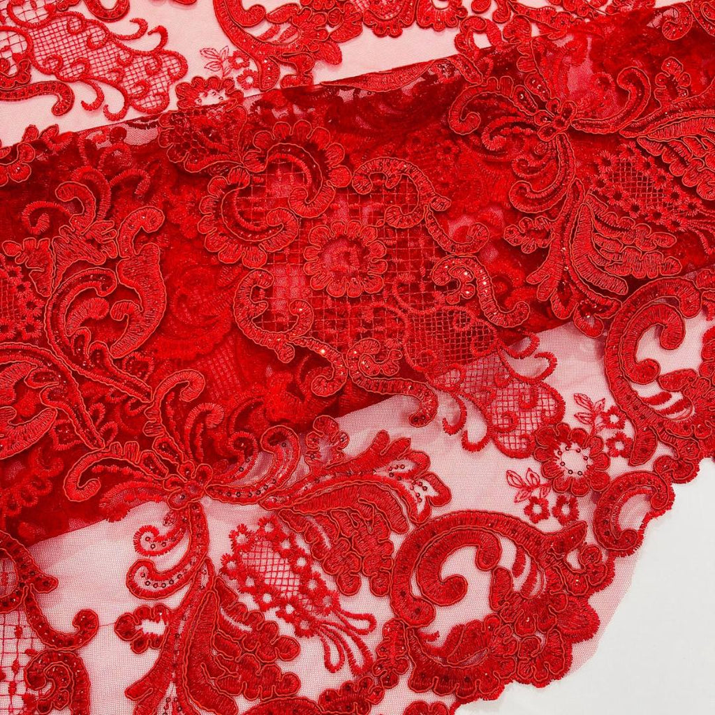 Embroidery Damask Design - RED - With Sequins On A Mesh Lace Fabric - Fabric For Quinsiañera Dresses - Prom Dress Sold By Yard