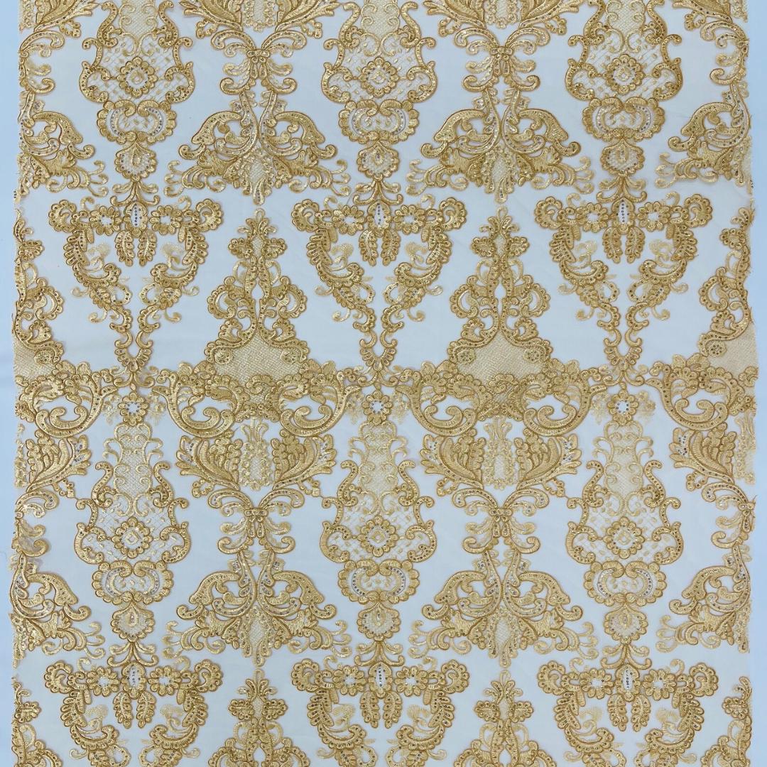 Embroidery Damask Design - GOLD - With Sequins On A Mesh Lace Fabric - Fabric For Quinsiañera Dresses - Prom Dress Sold By Yard