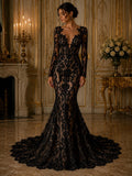Embroidery Damask Design - BLACK - With Sequins On A Mesh Lace Fabric - Fabric For Quinsiañera Dresses - Prom Dress Sold By Yard
