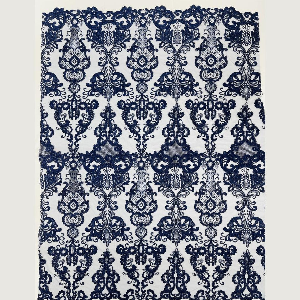 Embroidery Damask Design - NAVY - With Sequins On A Mesh Lace Fabric - Fabric For Quinsiañera Dresses - Prom Dress Sold By Yard