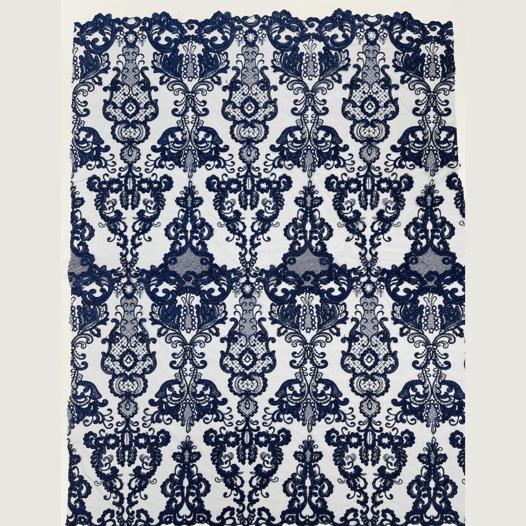 Embroidery Damask Design - NAVY - With Sequins On A Mesh Lace Fabric - Fabric For Quinsiañera Dresses - Prom Dress Sold By Yard